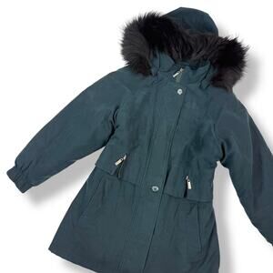 Vintage 90's deep cyan microsuede water repellant coat with fox fur trim hood